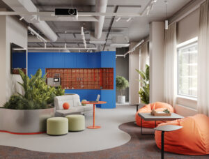 Modern office lounge with plants and seating