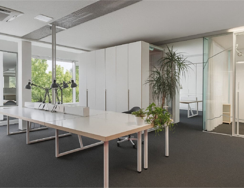 Modern open office space with plants and large windows.