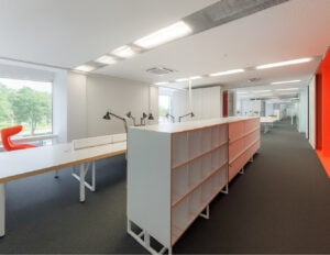 Modern open office with desks and storage shelves.