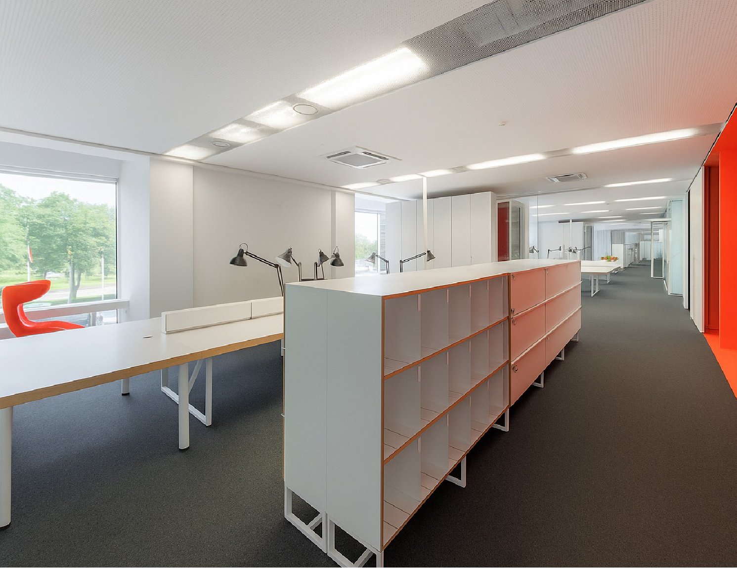 Modern open office with desks and storage shelves.