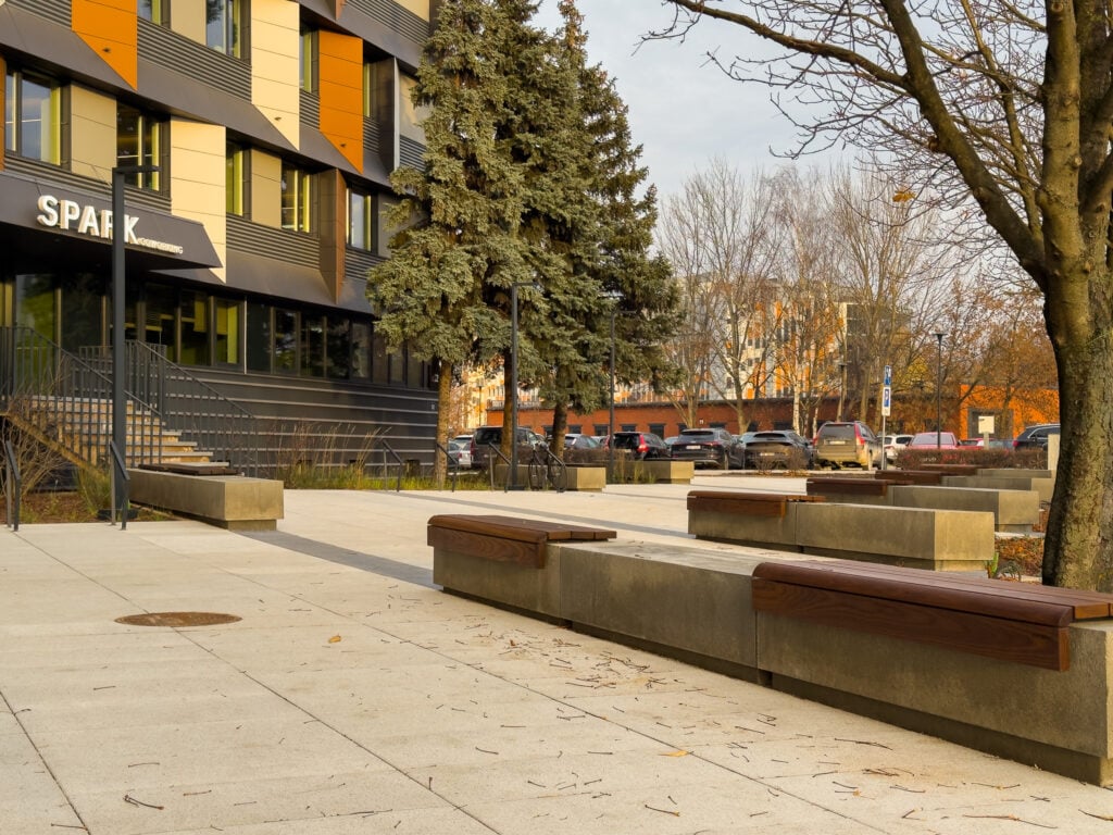 Modern building with outdoor seating area