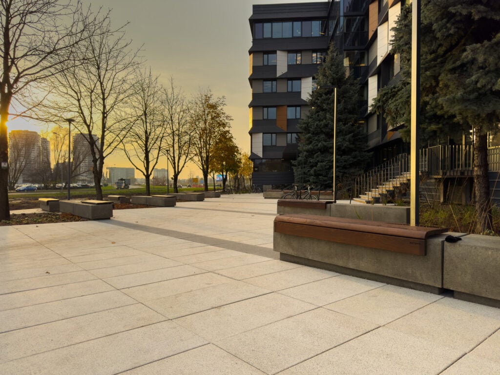 Modern plaza with trees at sunset