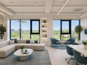 Modern living room with large windows and park view