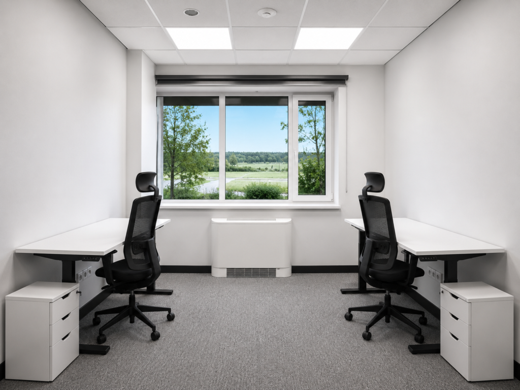 Bright two-person office with desks and large window