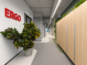 ERGO office hallway with plants and wood cabinets